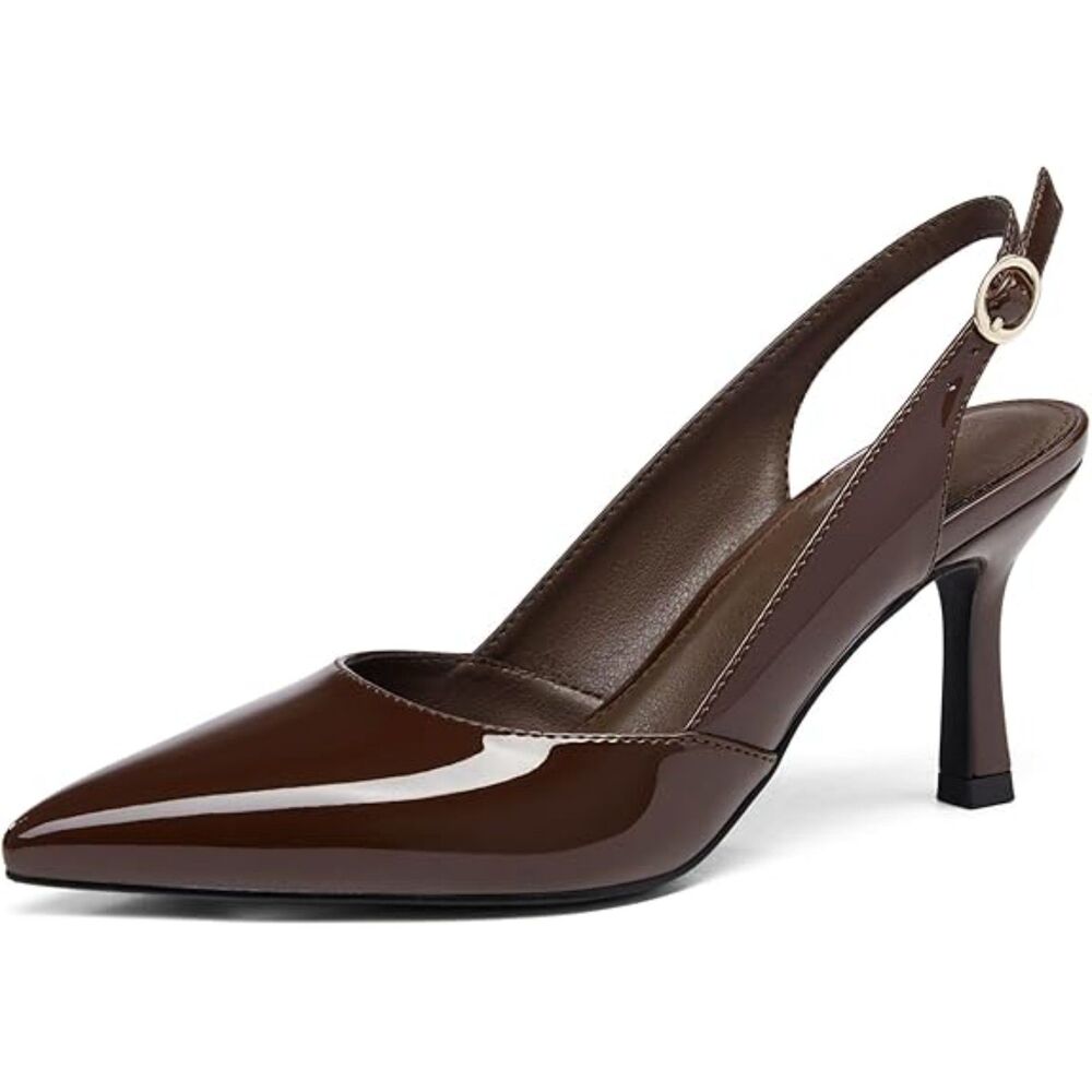 Women's Coffee Closed Toe Faux Leather Slingback Kitten Heel Wedding Pumps Shoes